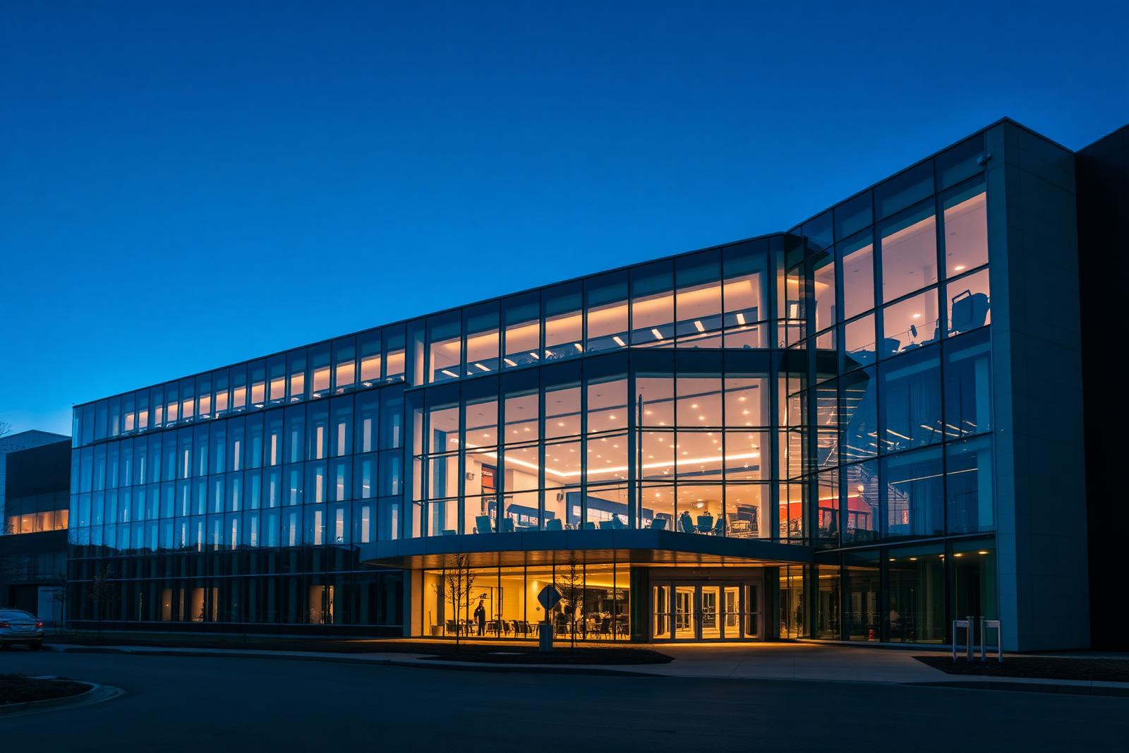 Modern hospital exterior at dusk
